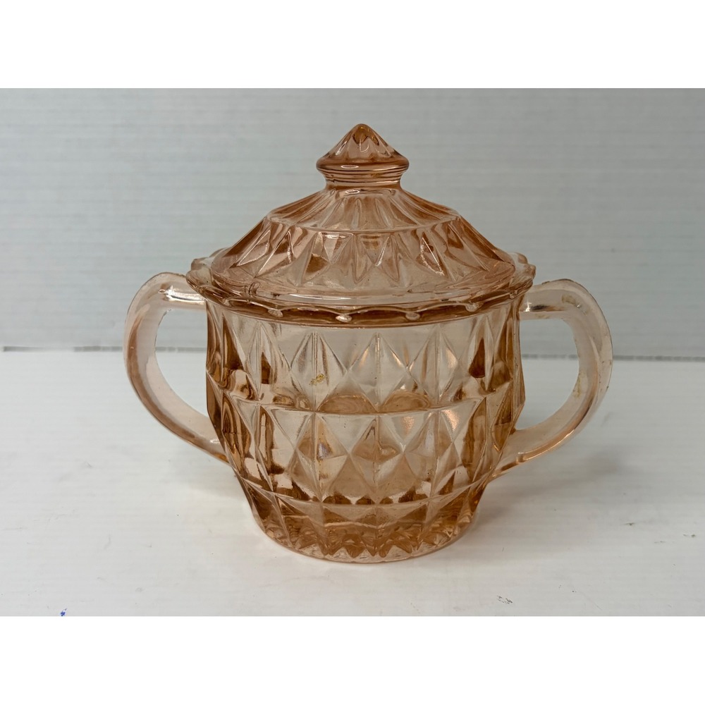 Vintage Pink Depression Glass Sugar Bowl with Lid Diamond Point Pattern Blush